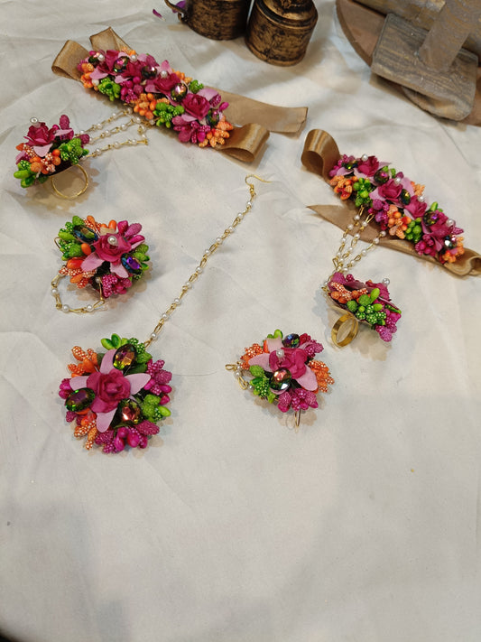 Vibrant Pink & Green Floral Bridal Jewelry Set (Set of 5)
