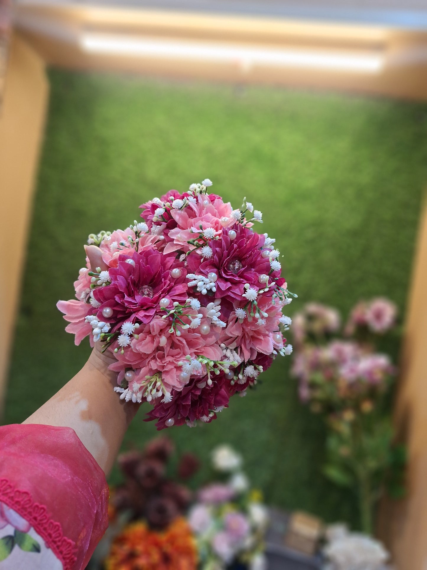 Magenta & Blush Pink Floral Hand Bouquet with Pearl Accents
