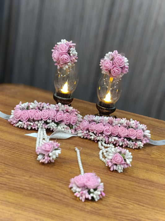 Elegant Pink Rose Floral Jewelry Set with Gajray & Teeka