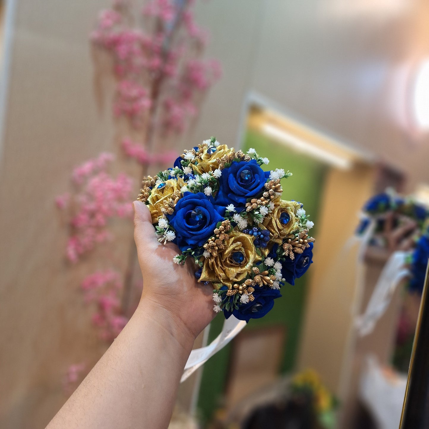 Royal Blue & Gold Rose Hand Bouquet