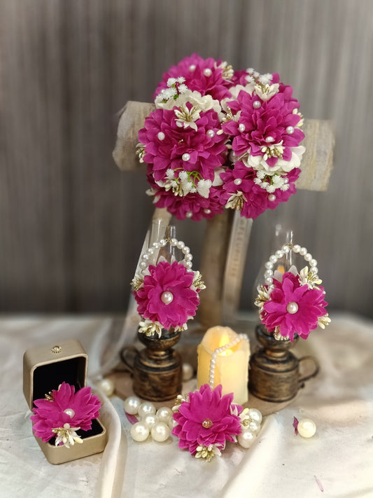Magenta & Pearl Floral Jewelry Set for Mehndi & Mayun