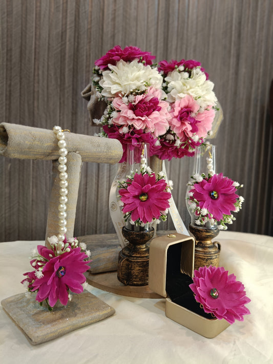 Magenta & White Floral Jewelry Set with Pearl Accents