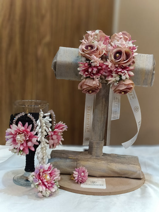 Blushing Pink Floral Jewelry Set with Pearls & Ribbons