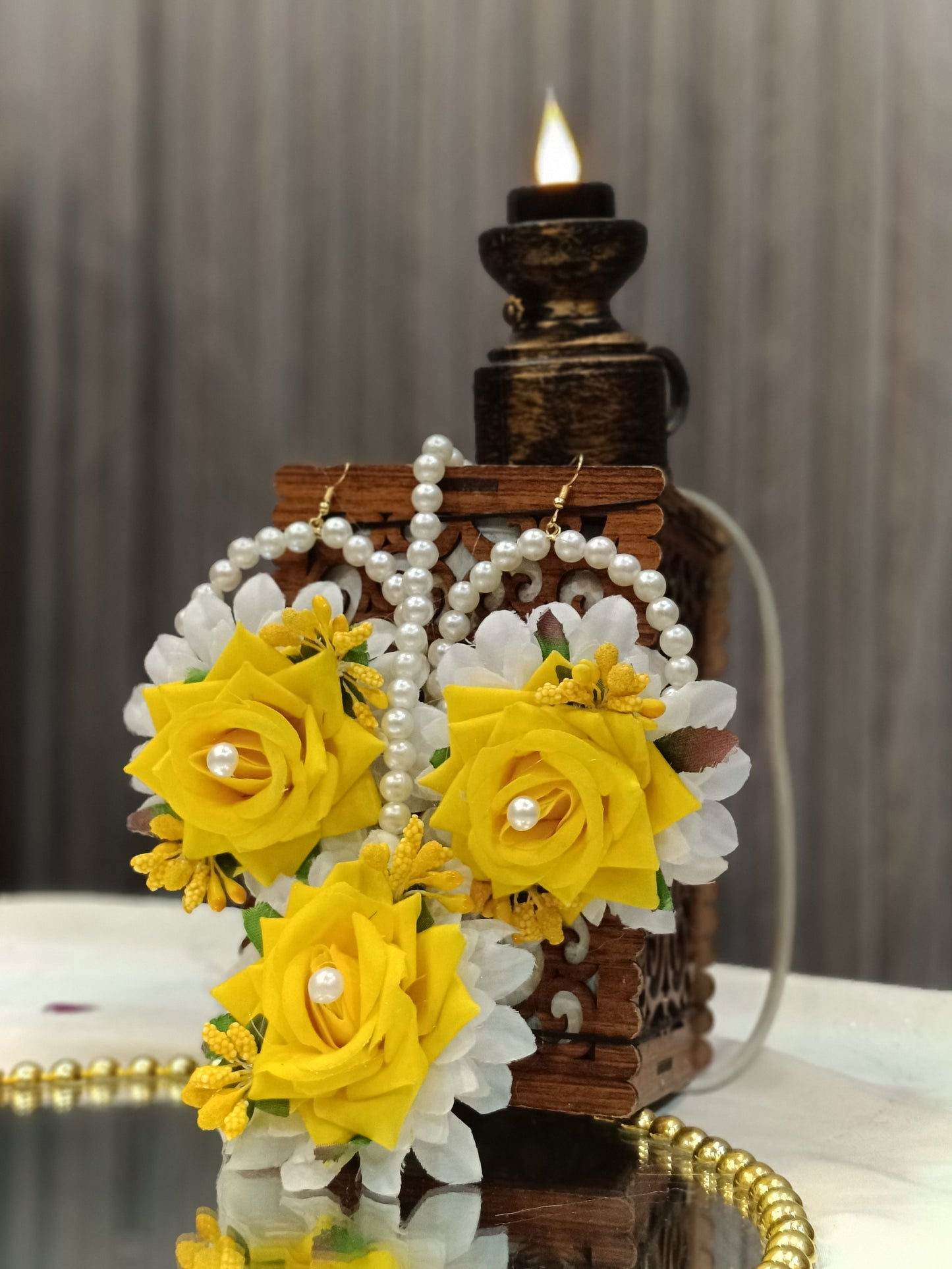 Handcrafted Yellow & White Floral Jewelry Set with Pearl Accents