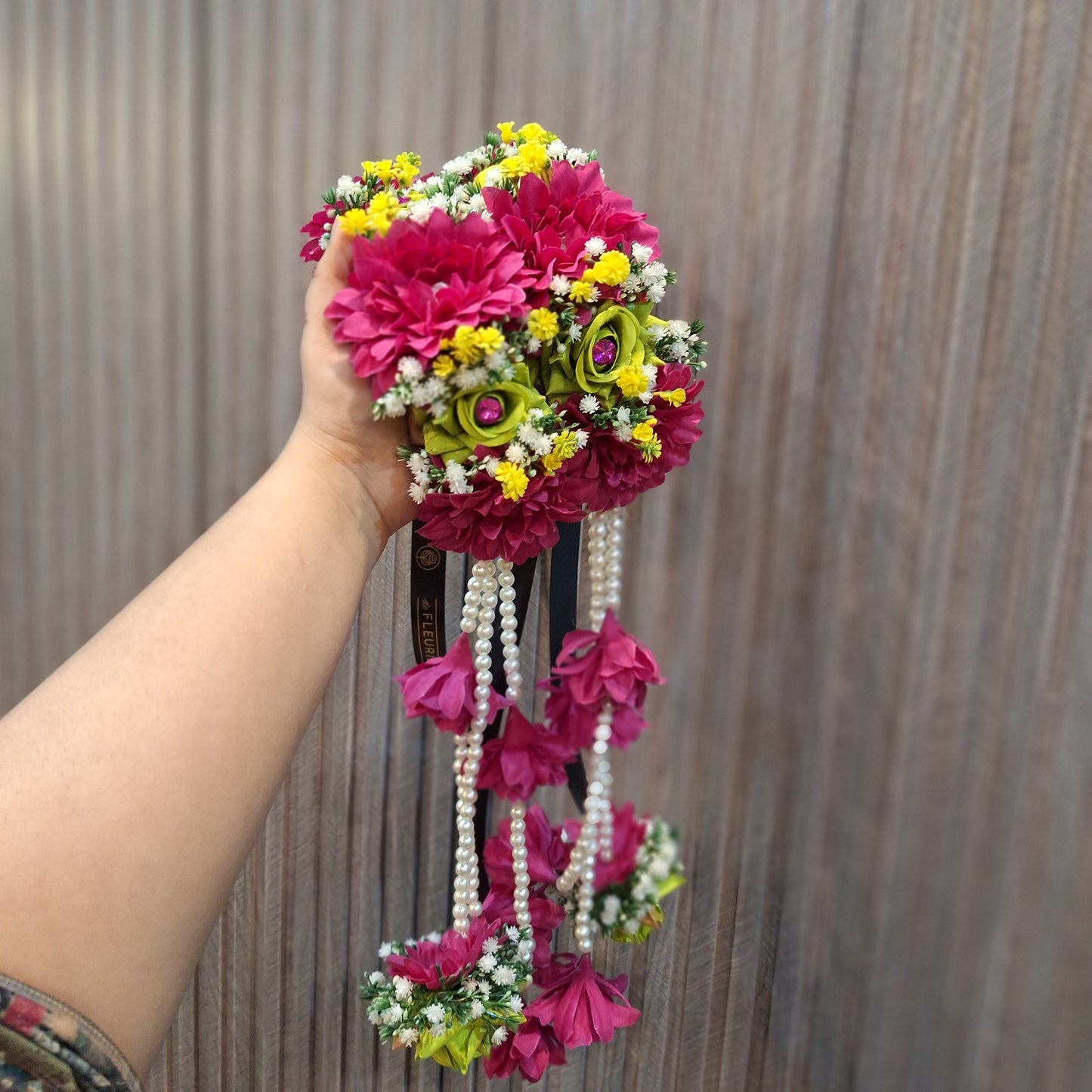 Handcrafted Magenta & Lime Green Floral Jewellery Set with Pearl Accents