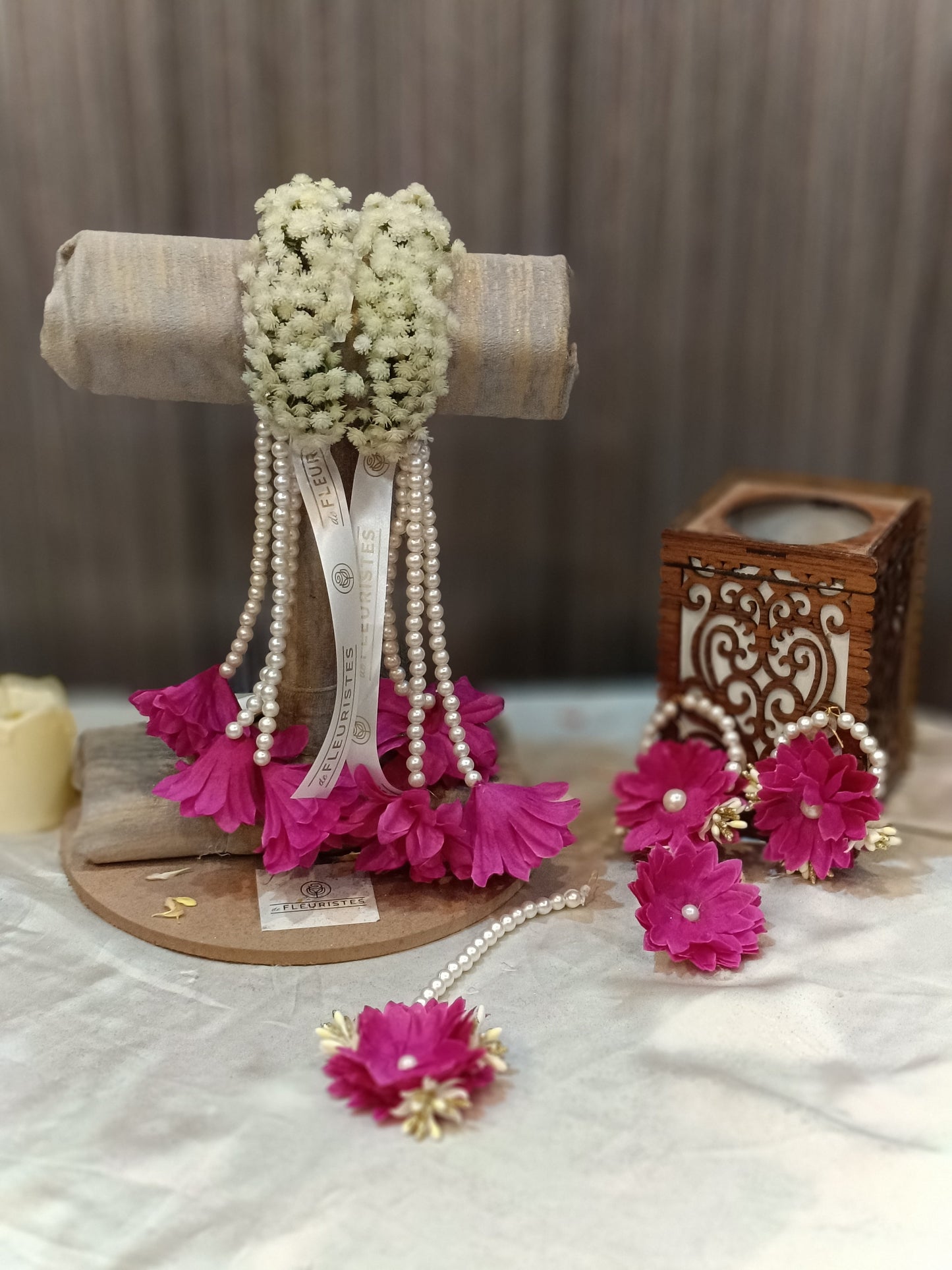 Magenta Floral Jewelry Set with Pearl Accents & Gota Details