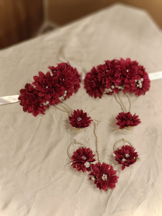 Maroon Floral Bridal Jewellery Set with Pearl Accents