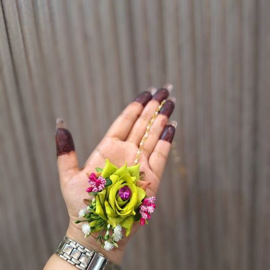 Handcrafted Lime Green Floral Jhumka & Ring Set with Pearl Sahara Chains