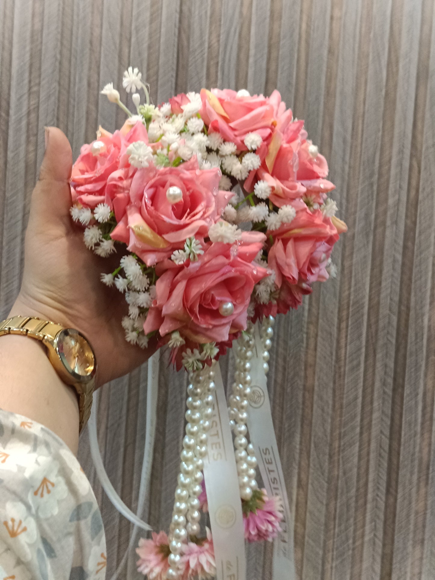 Elegant Pink Rose & Pearl Gajra with Floral Tassels