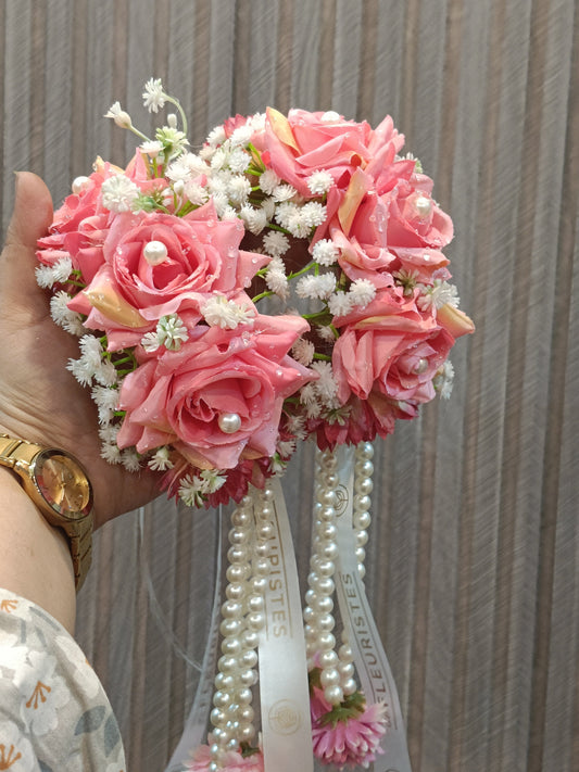 Elegant Pink Rose & Pearl Gajra with Floral Tassels