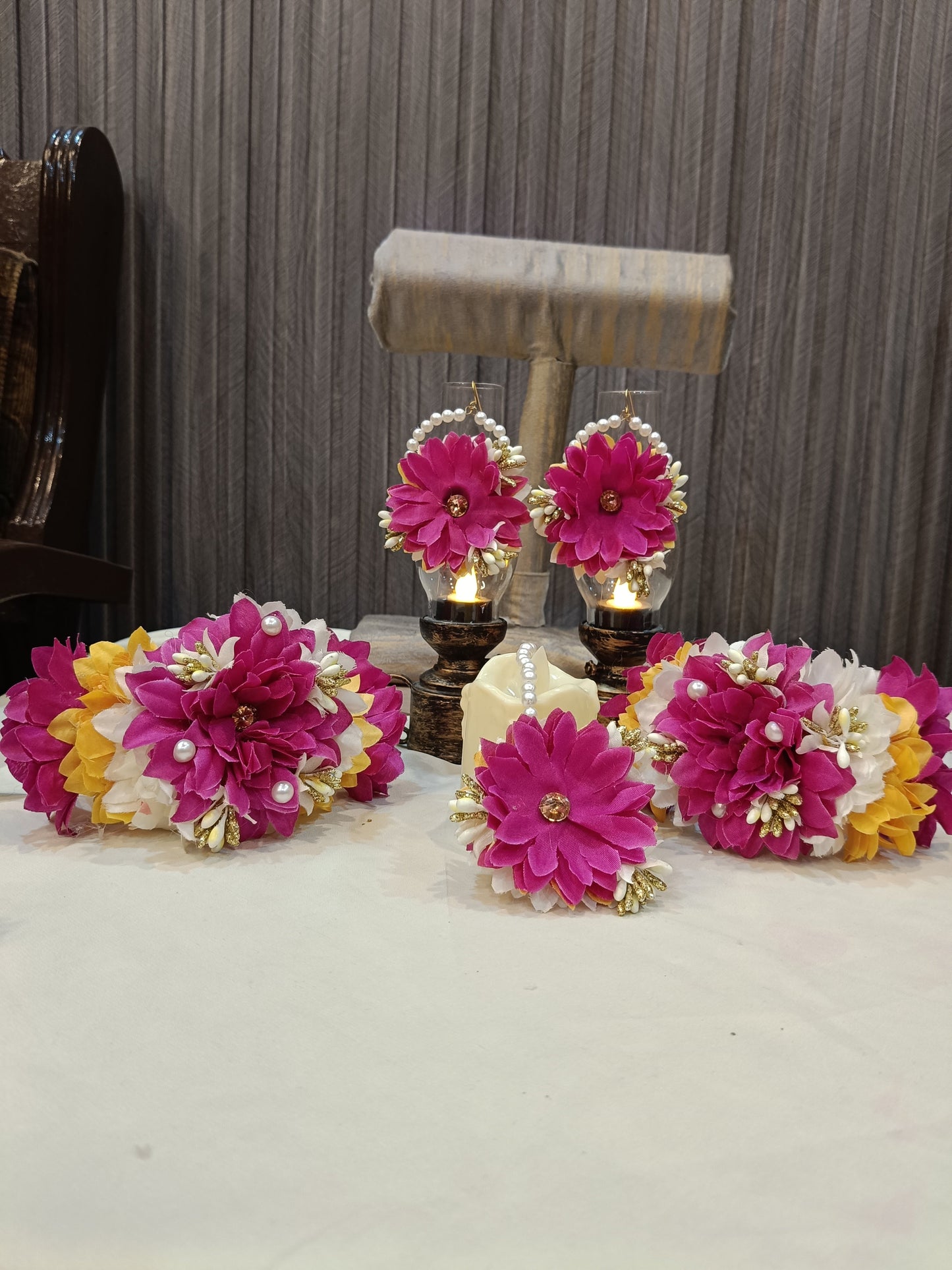 Vibrant Pink Floral Jewellery & Hurricane Lamp Set