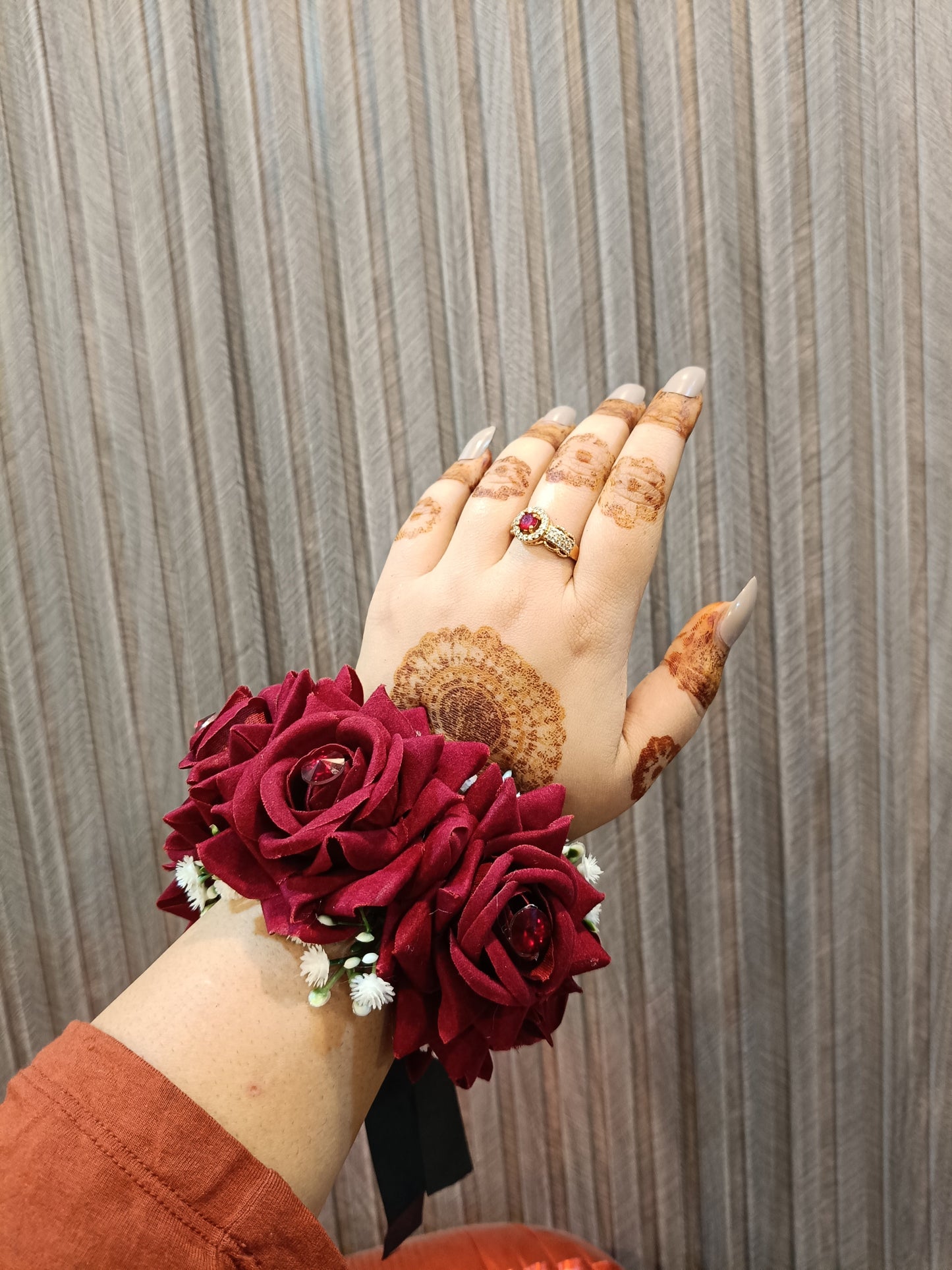 Elegant Maroon Velvet Rose Hand Bouquet with Crystal Centers