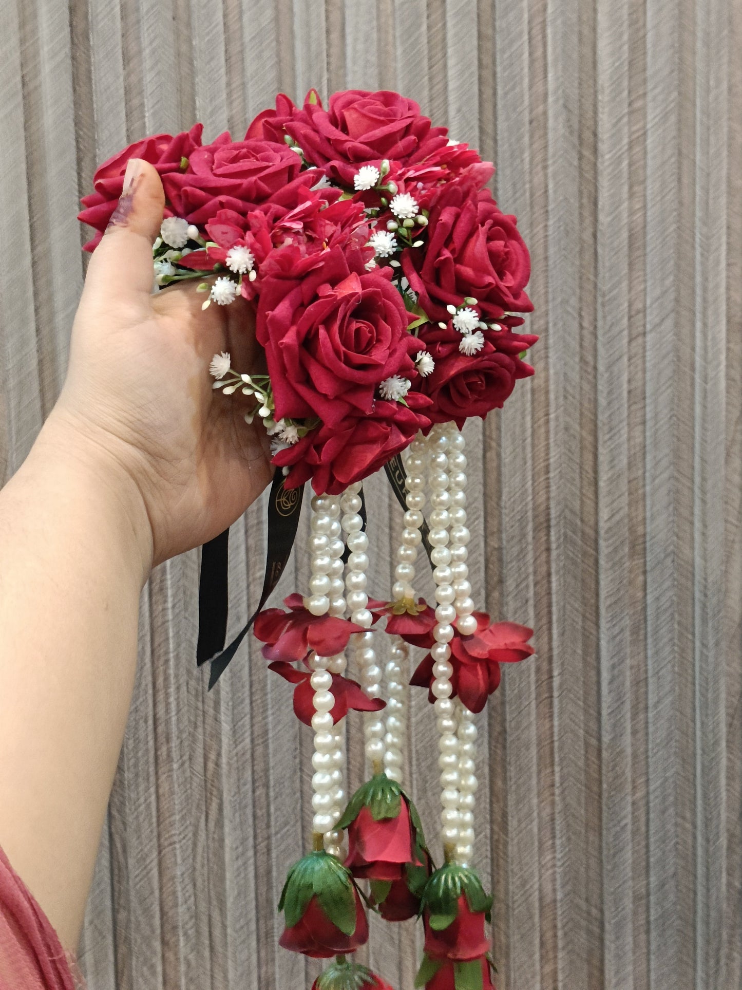 Deep Red Rose Floral Gaira with Pearl Tassels