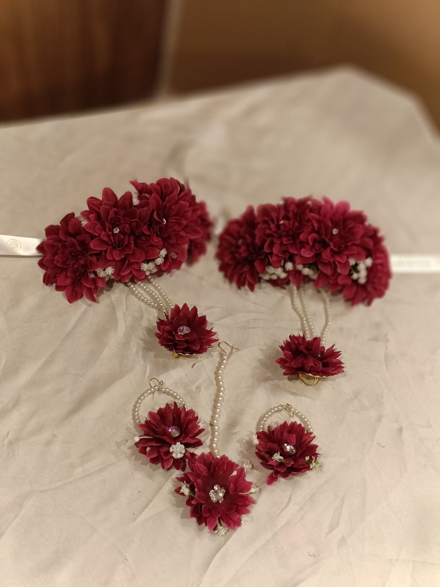 Maroon Floral Bridal Jewellery Set with Pearl Accents