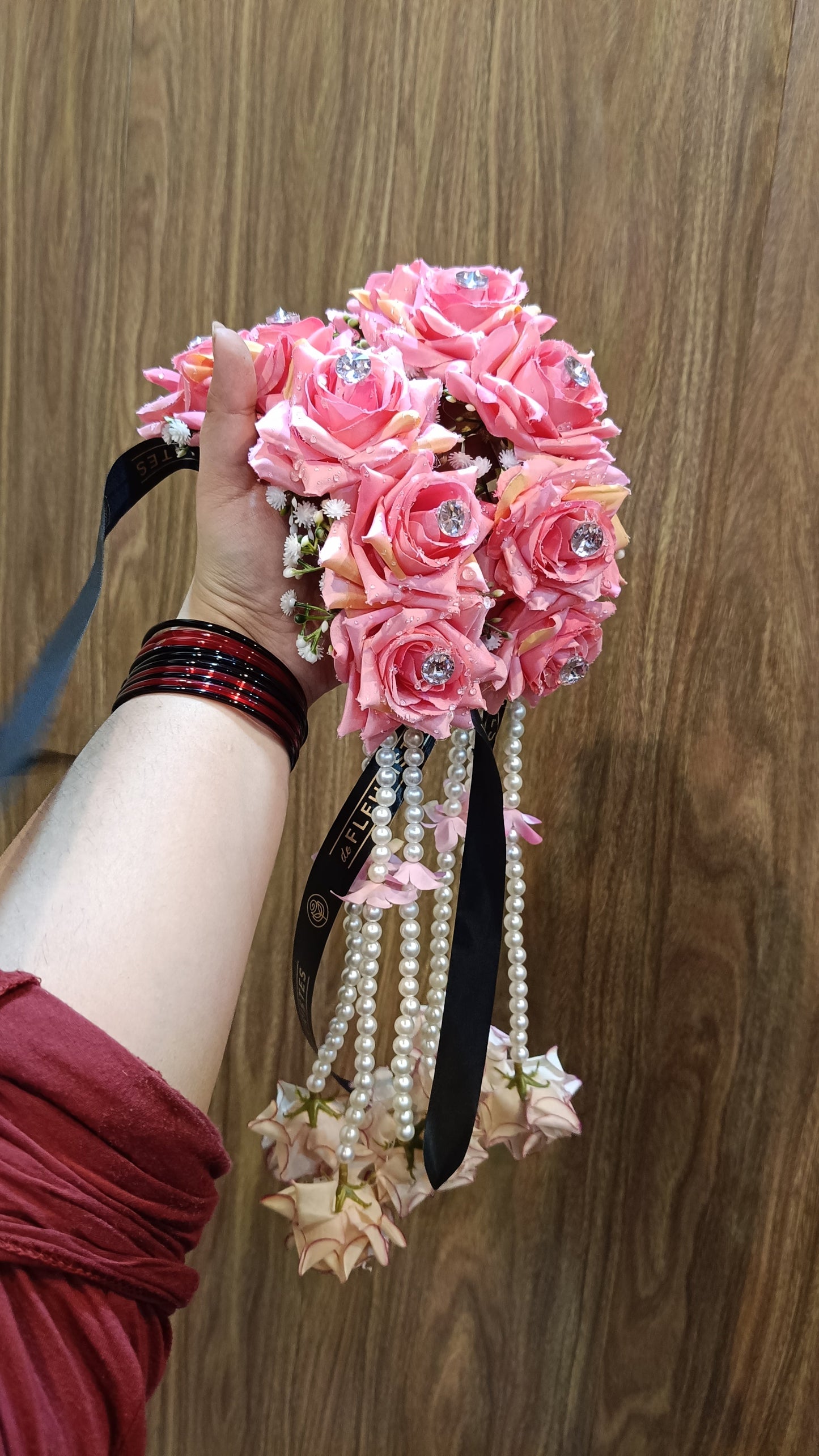 Pink Rose & Pearl Floral Hair Gaira with Crystal Accents