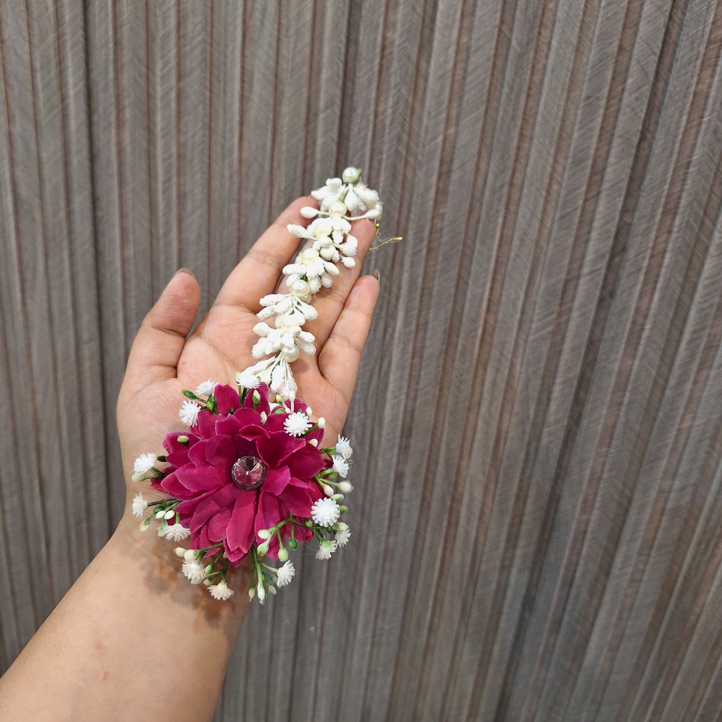 Hot Pink Floral Maang Tikka with White Jasmine Bud Chain