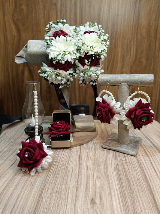 Maroon & White Floral Jewelry Set – Rose & Pearl Nikkah Collection