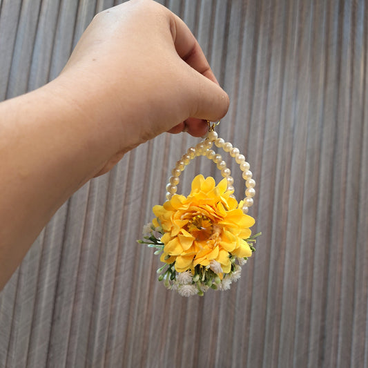 Handmade Yellow Floral Gaira with Pearl Hoop Accents