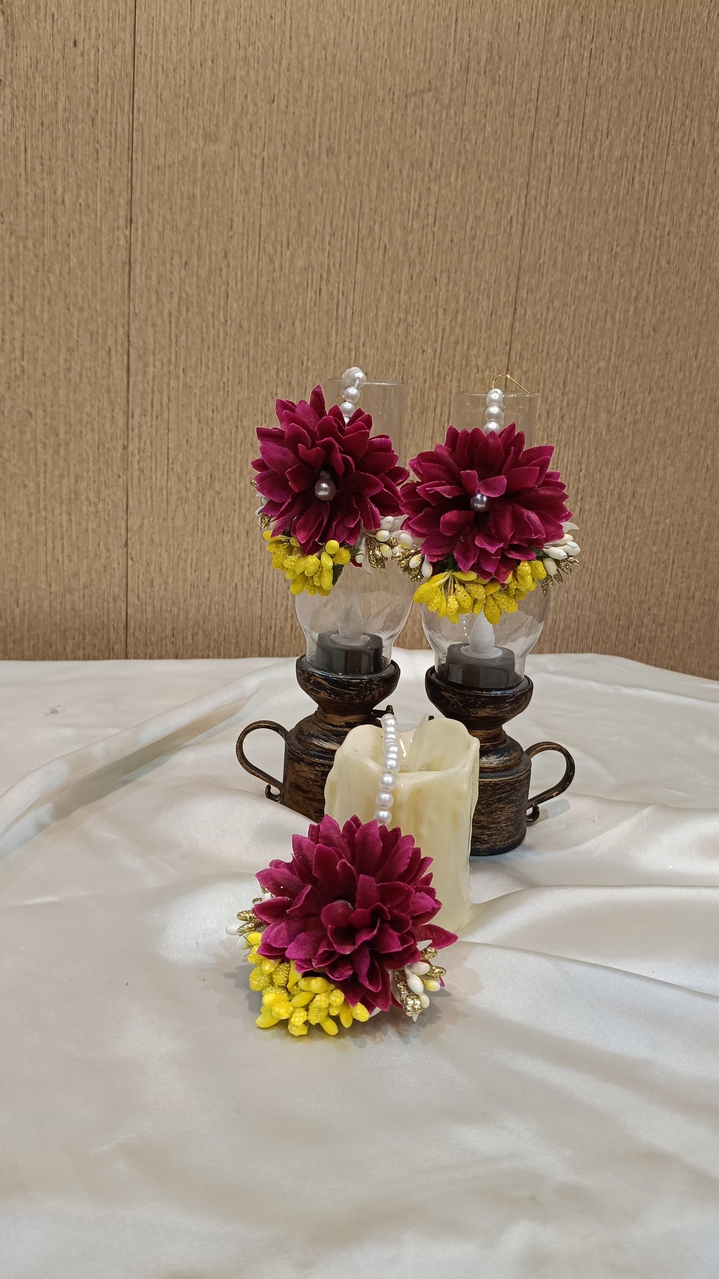 Maroon & Yellow Floral Jewelry Set with Pearl Accents
