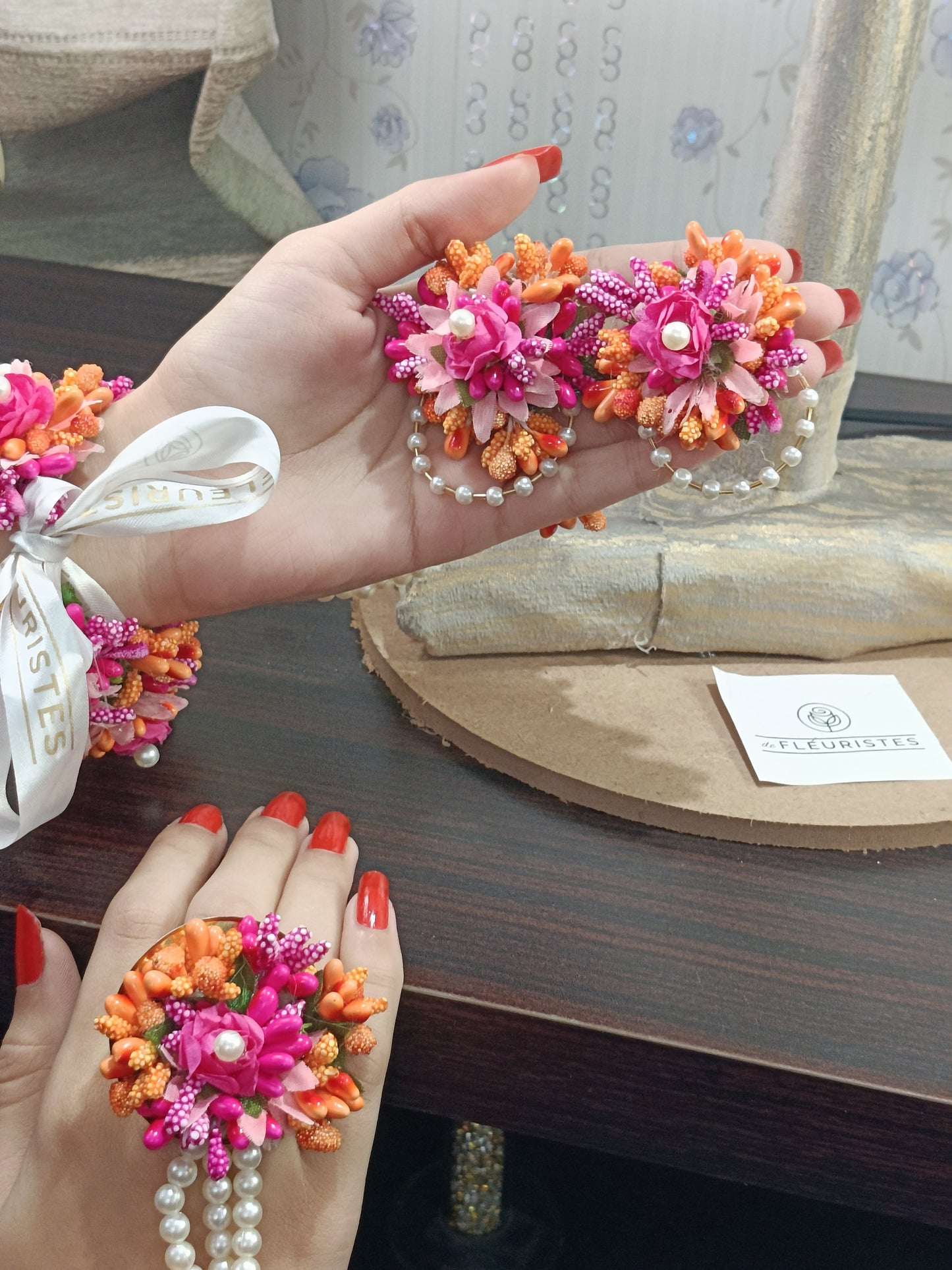 Vibrant Pink and Orange Floral Hathphool Set with Pearl Accents