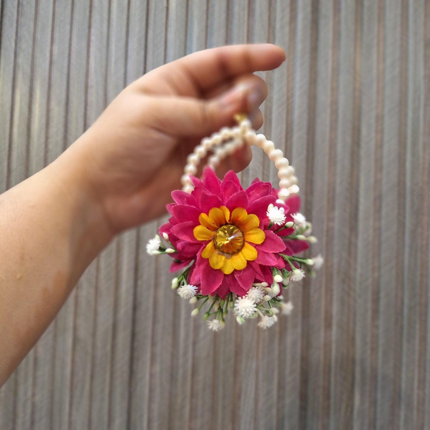 Handmade Pink and Yellow Floral Maang Tikka with Pearl Chain
