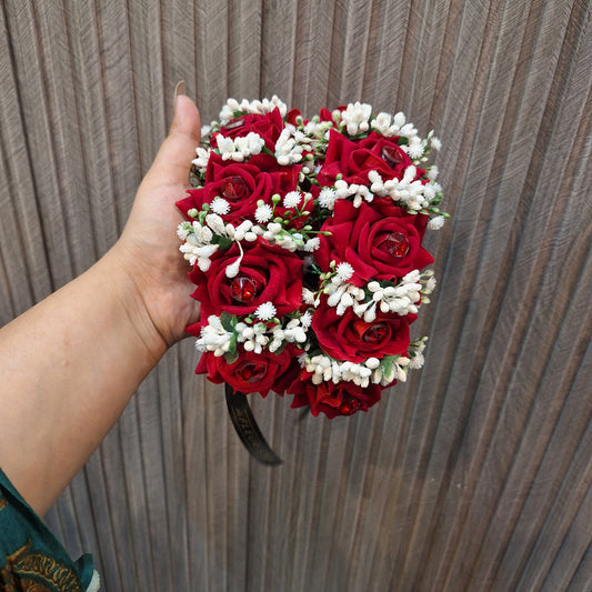 Elegant Crimson Rose & White Bud Floral Gajra (Pair)