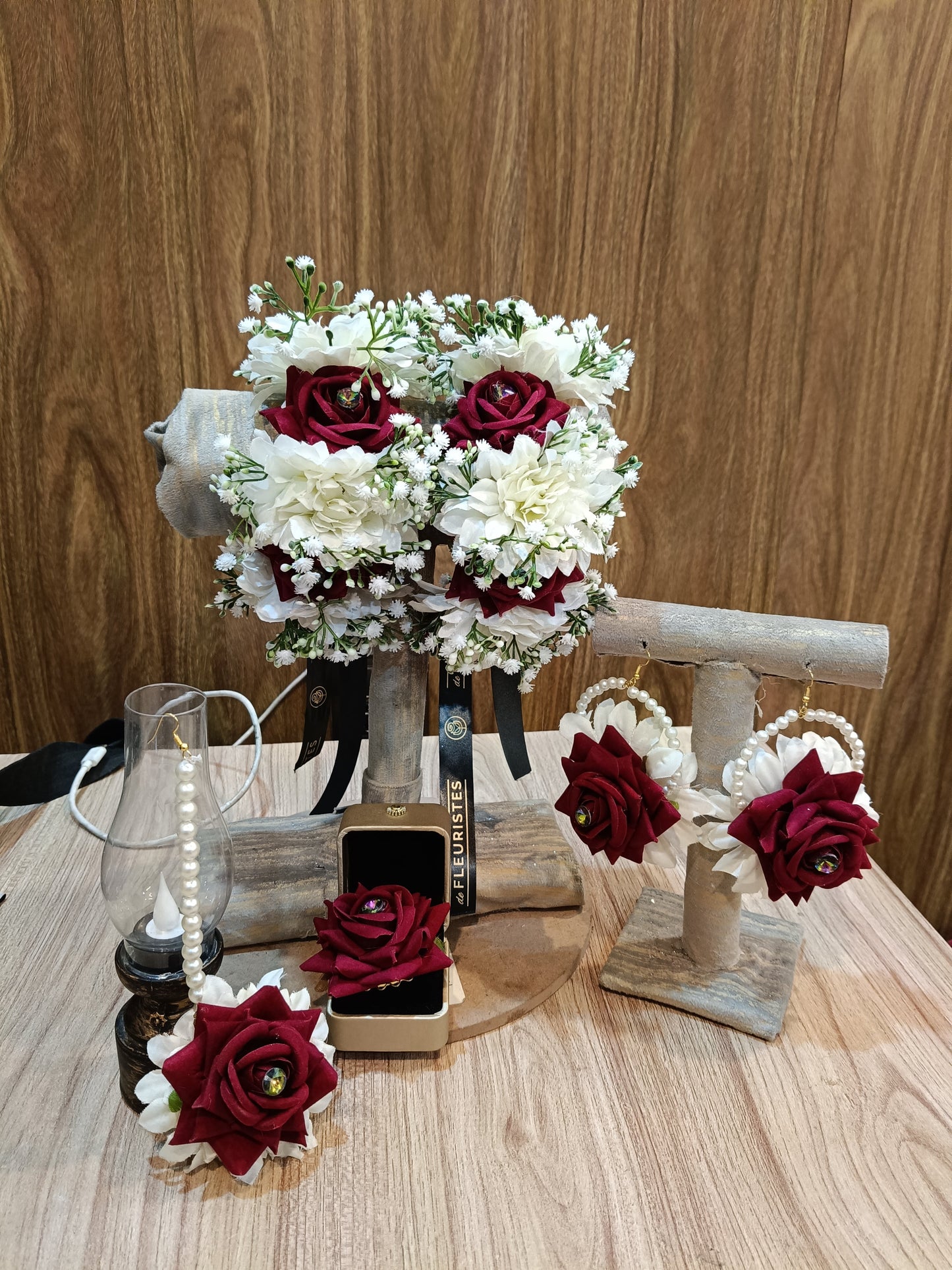 Maroon & White Floral Jewelry Set – Rose & Pearl Nikkah Collection