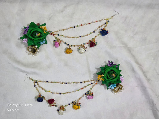 Vibrant Green Rose Saharay Earrings with Multi-Color Pearl Droplets