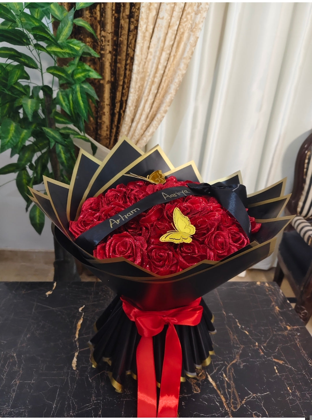 Glittering Red Rose Bouquet with Golden Butterflies & Personalized Ribbon