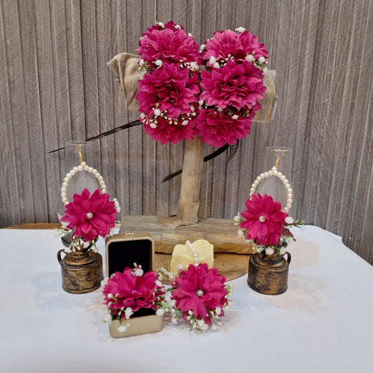 Elegant Pink Floral Jewellery Set with Pearl Accents