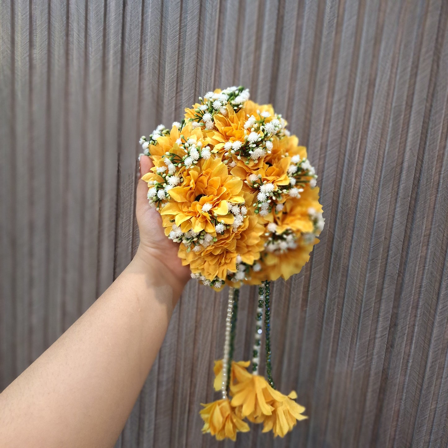 Vibrant Yellow Marigold & Gypso Bridal Gajara with Pearl Tassels