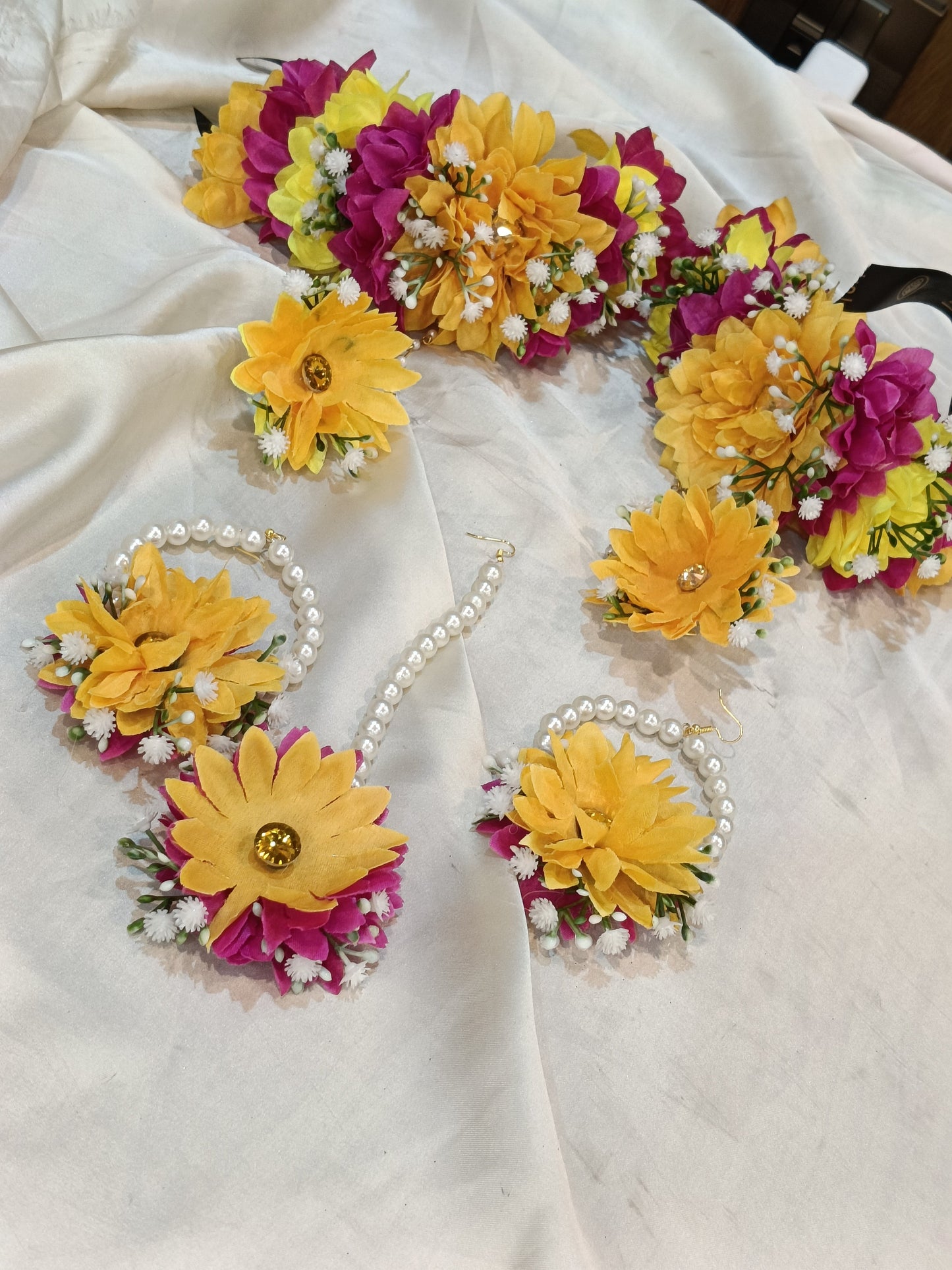 Vibrant Yellow & Magenta Floral Jewelry Set with Pearl Accents