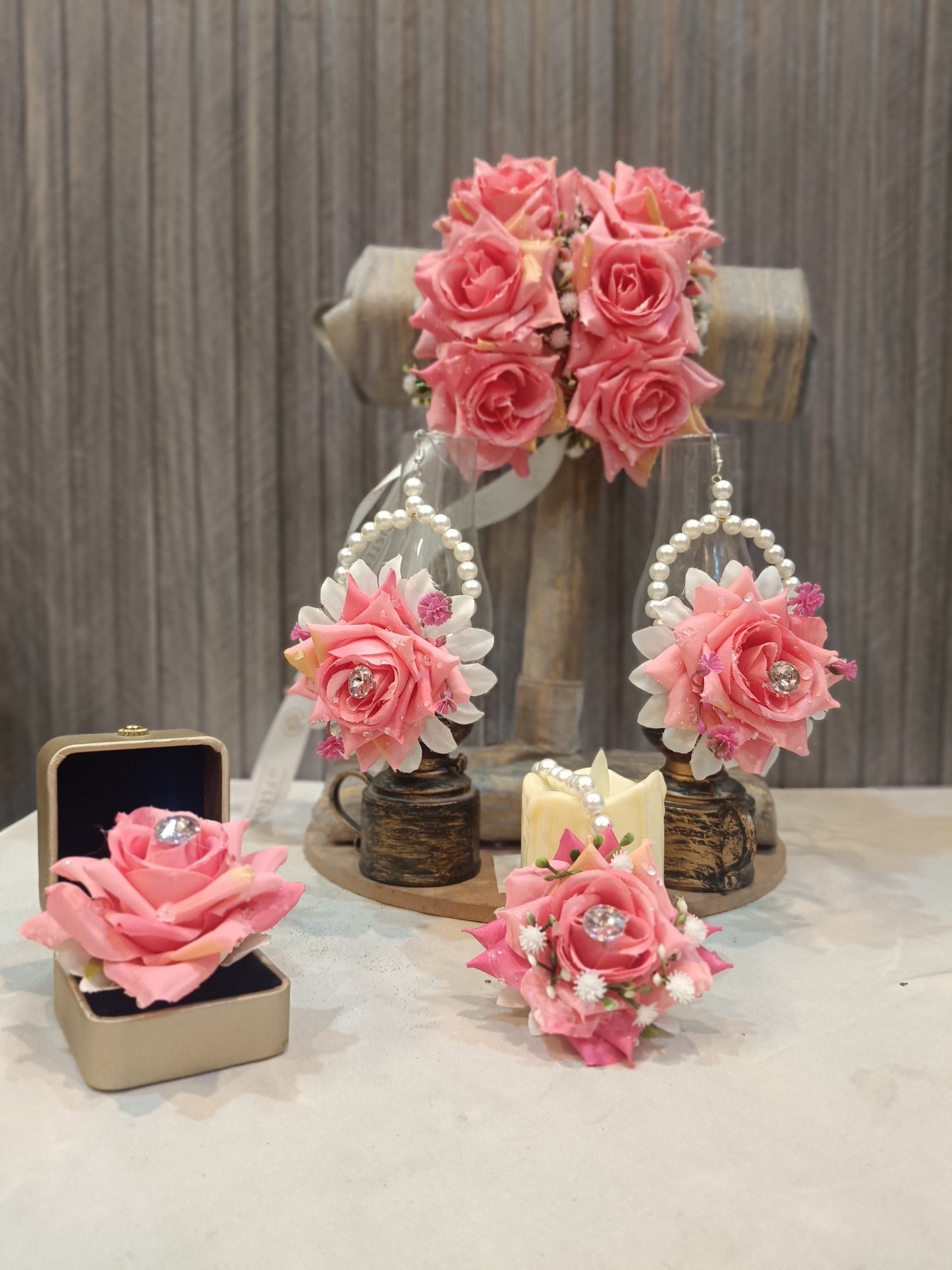 Elegant Pink Rose Floral Jewellery Set with Pearls & Crystals
