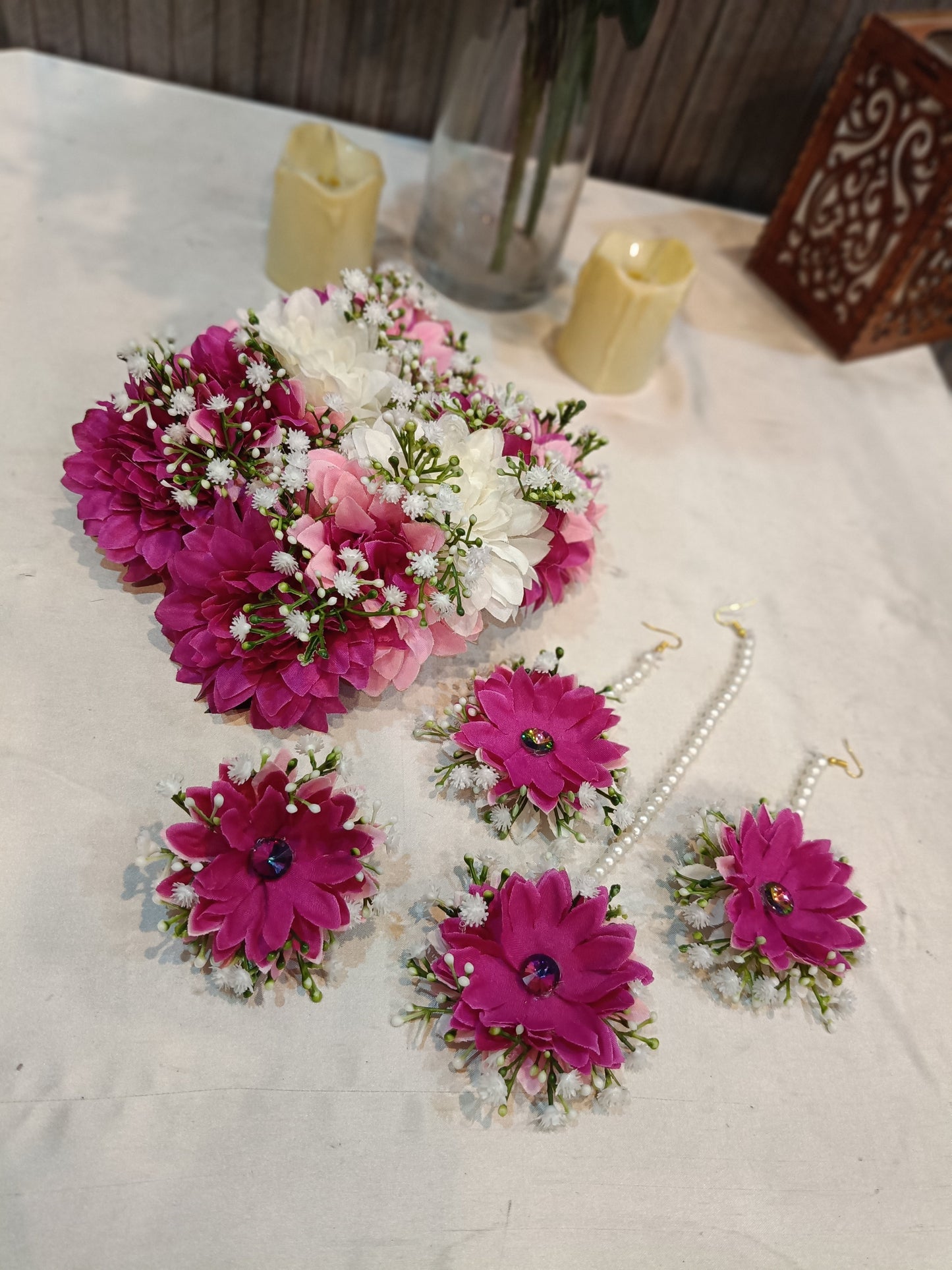Magenta & White Floral Jewelry Set with Pearl Accents