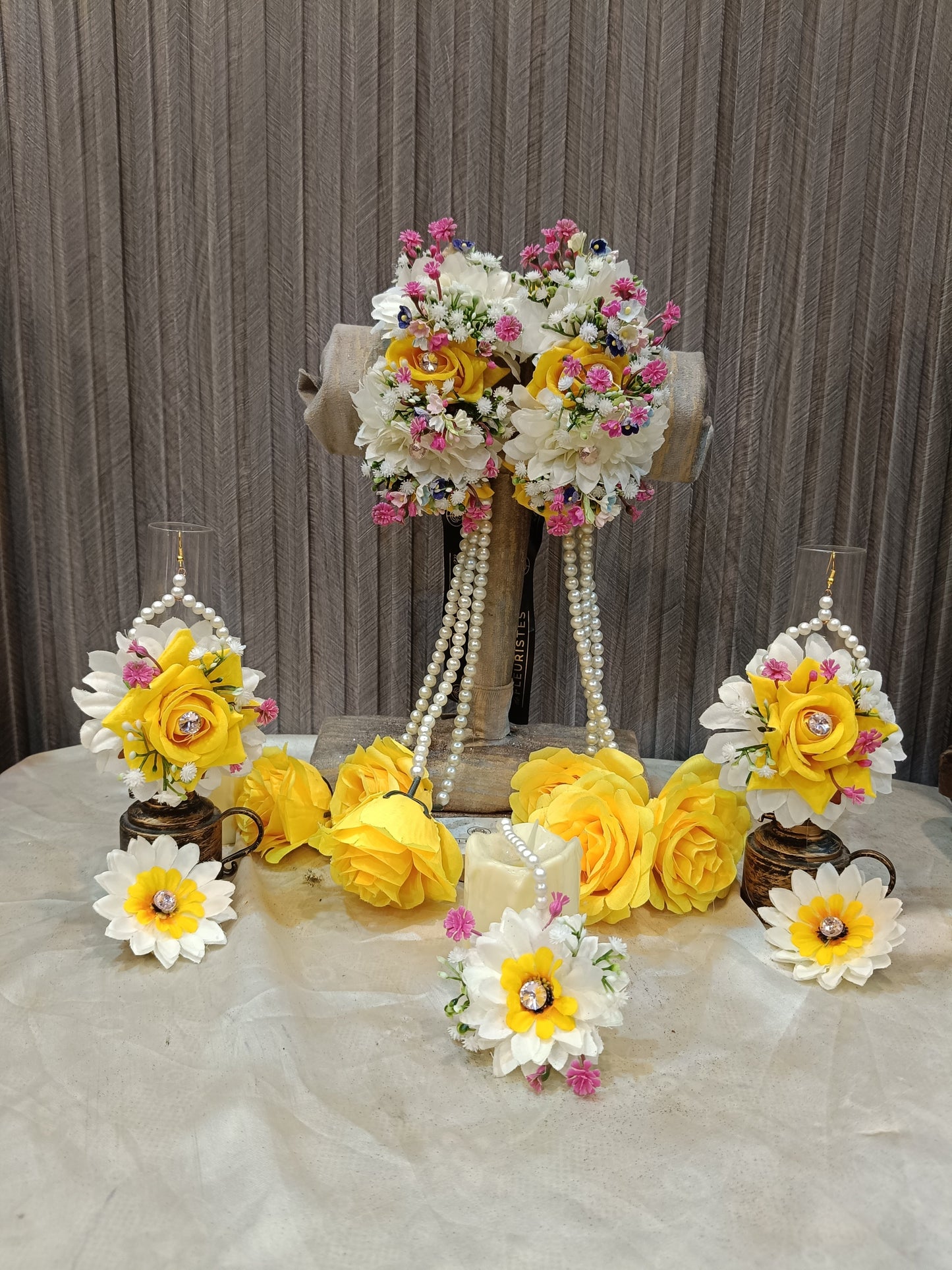 Yellow Rose & Pearl Floral Jewelry Set for Mehndi