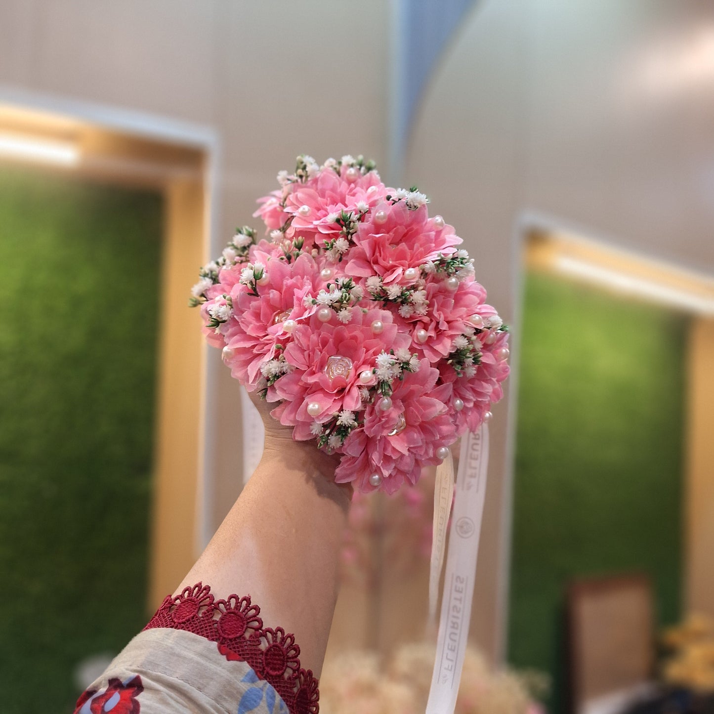 Pink Chrysanthemum Handheld Bouquet with White Baby’s Breath & Pearls