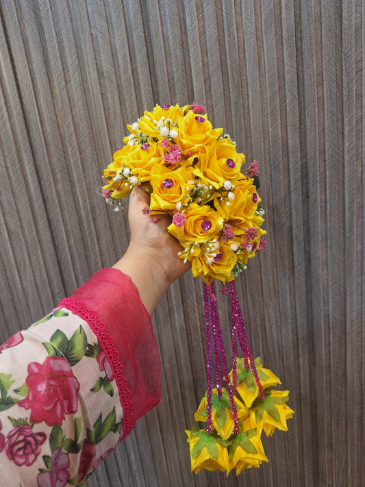 Vibrant Yellow Rose Hair Gajra with Purple Beaded Hangings
