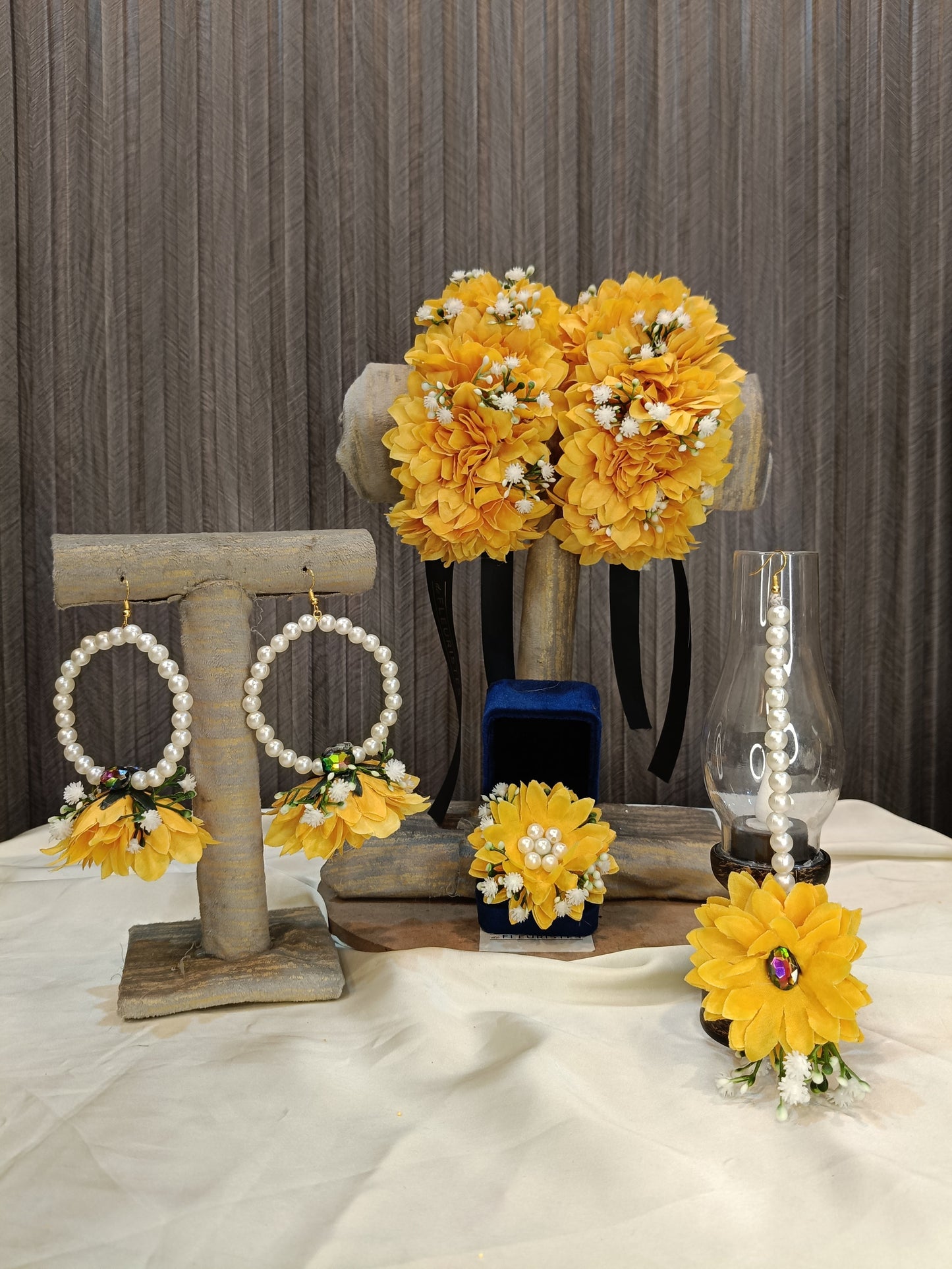 Handmade Yellow Floral Jewelry Set with Pearls