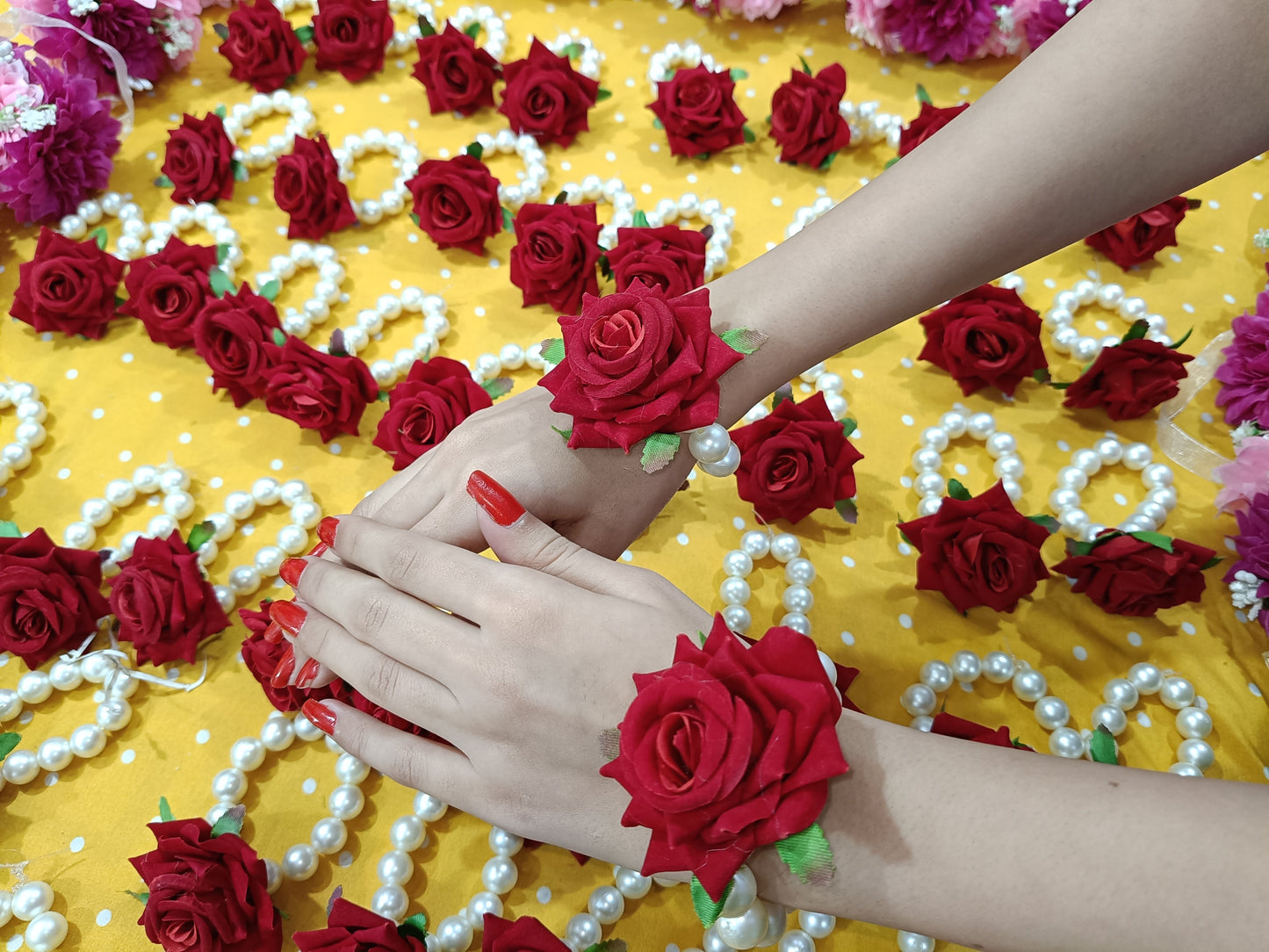 Elegant Crimson Rose & Pearl Wrist Corsage Set (Pair)