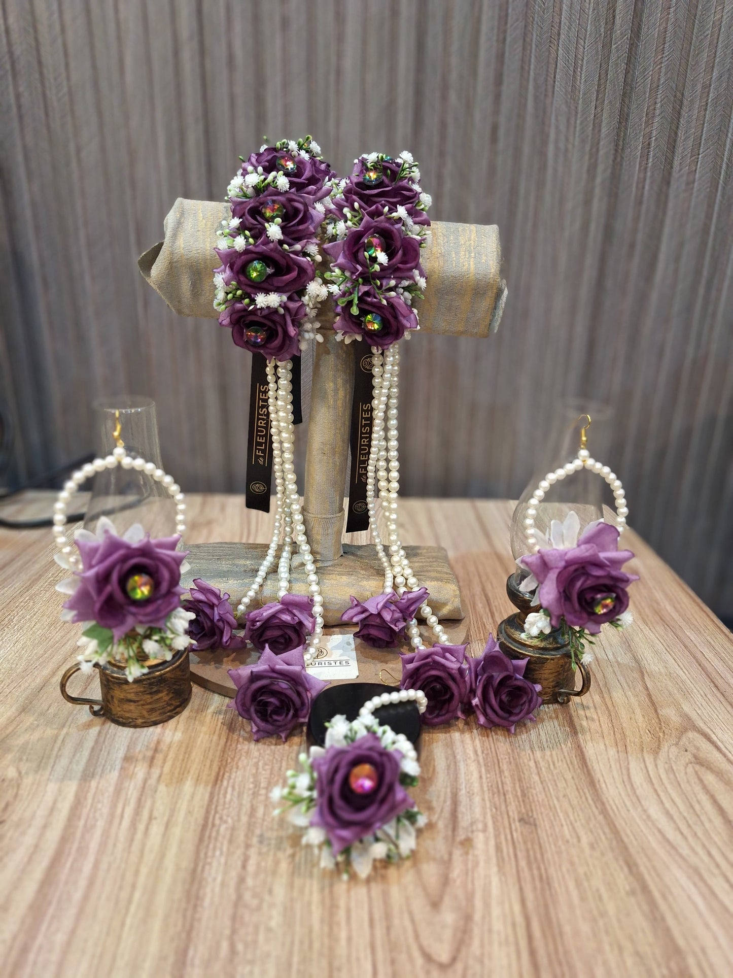 Handcrafted Deep Purple Rose Floral Jewelry Set with Pearl Hangings