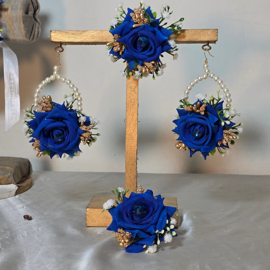 Royal Blue & Gold Floral Jewelry Set with Pearl Hoop Earrings