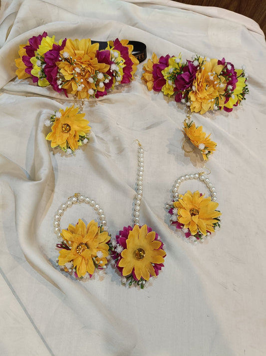 Vibrant Yellow & Magenta Floral Jewelry Set with Pearl Accents