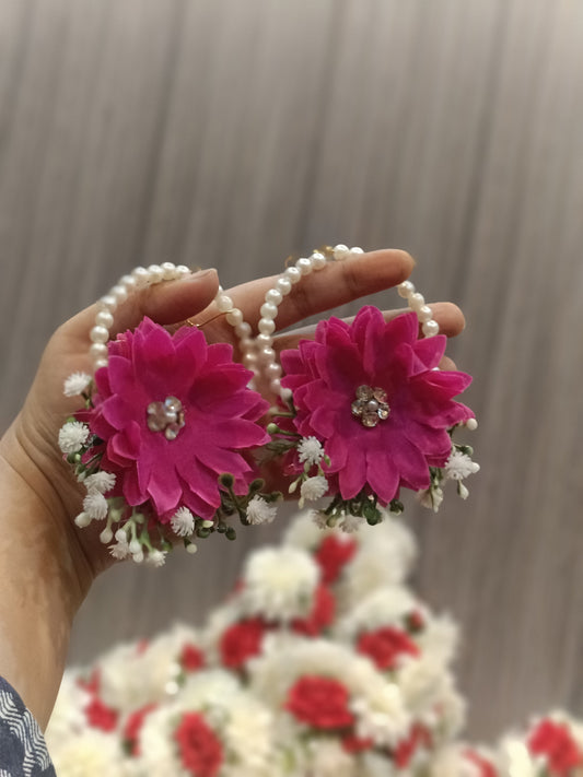 Handcrafted Magenta Floral Jewelry Set with Pearl Hoops & Gajray