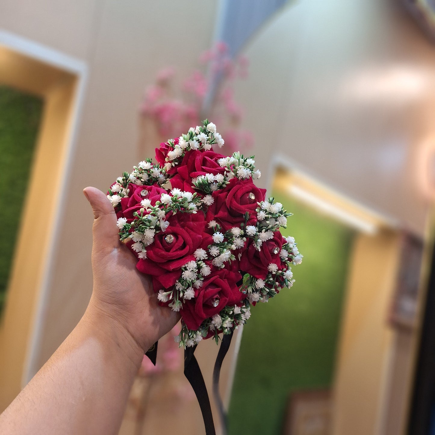 Deep Red Velvet Rose Hand Bouquet with Baby’s Breath
