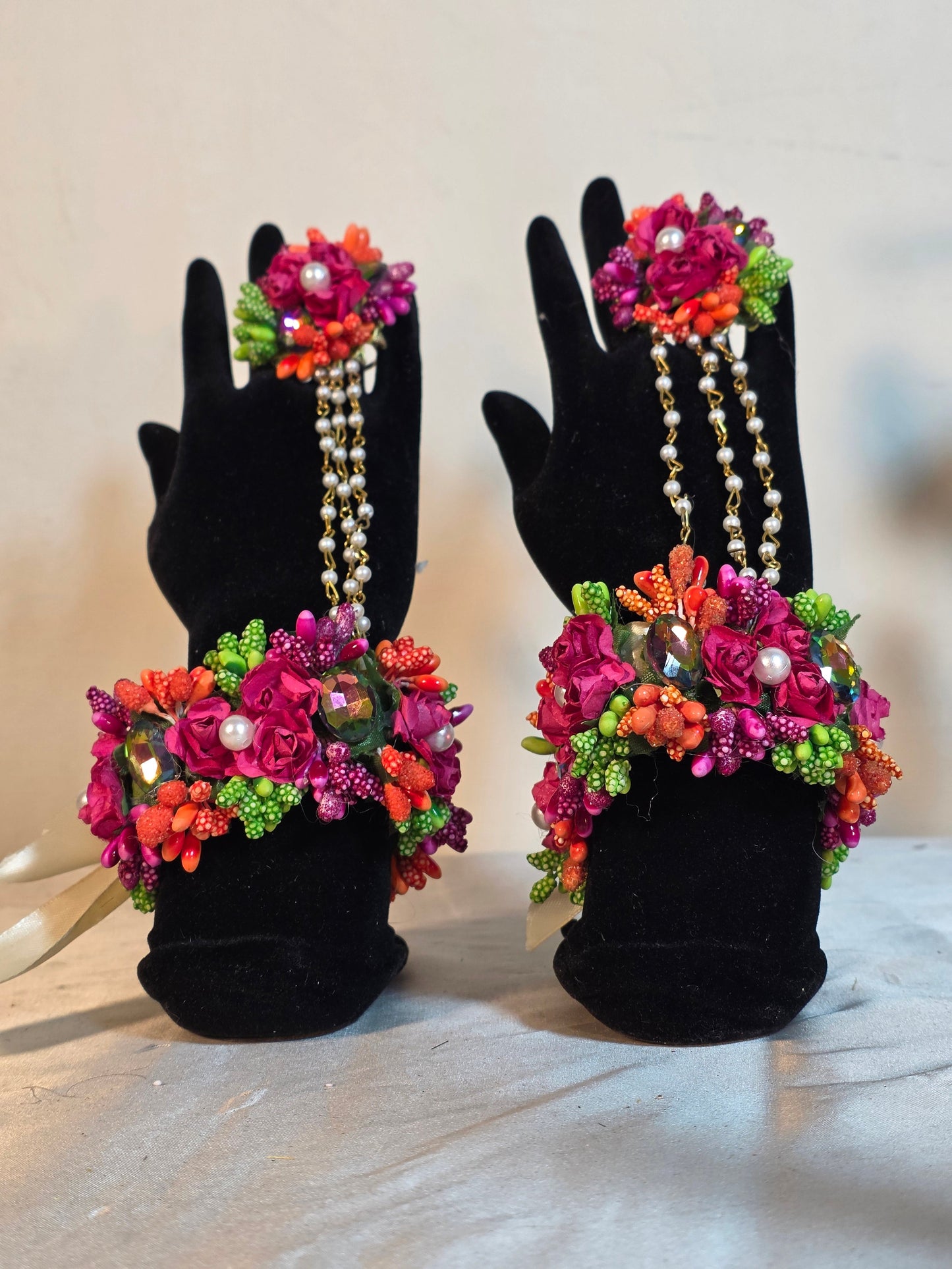Handmade Multi-Color Floral Mehndi Jewellery Set with Pearl Accents