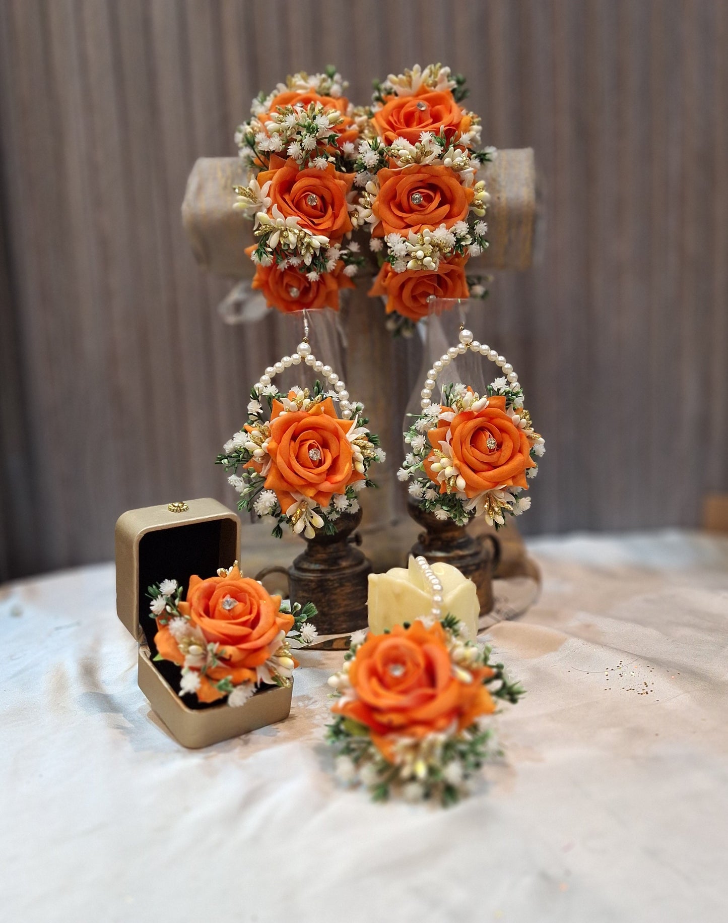 Orange Rose & Pearl Floral Jewelry Set for Mehndi