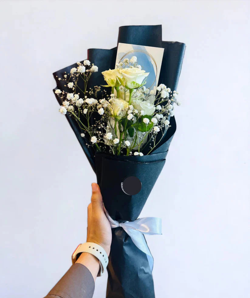 Elegant White Rose & Gyp Bouquet in Black Wrap