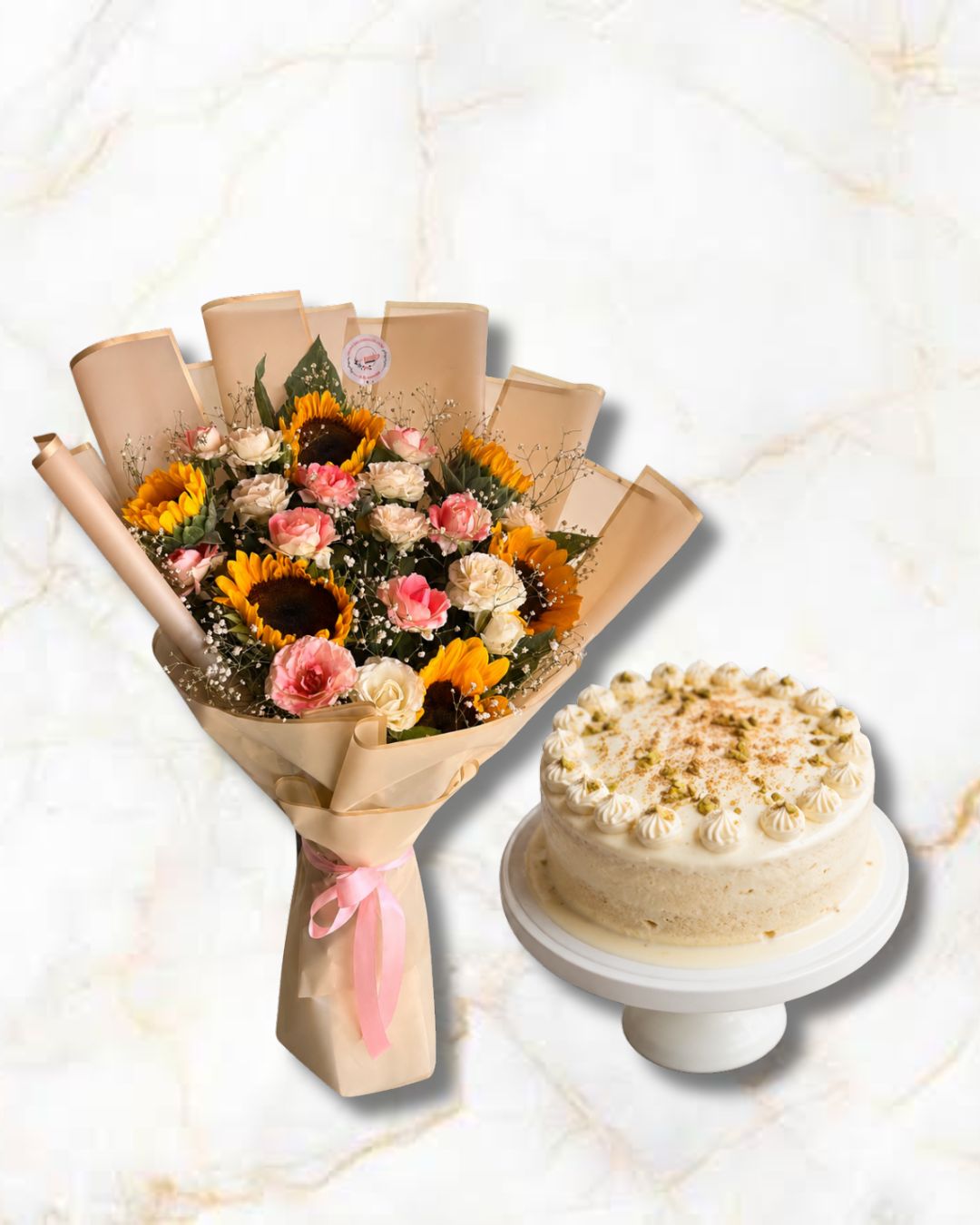 Sunflowers roses & babys breath with three milk cake