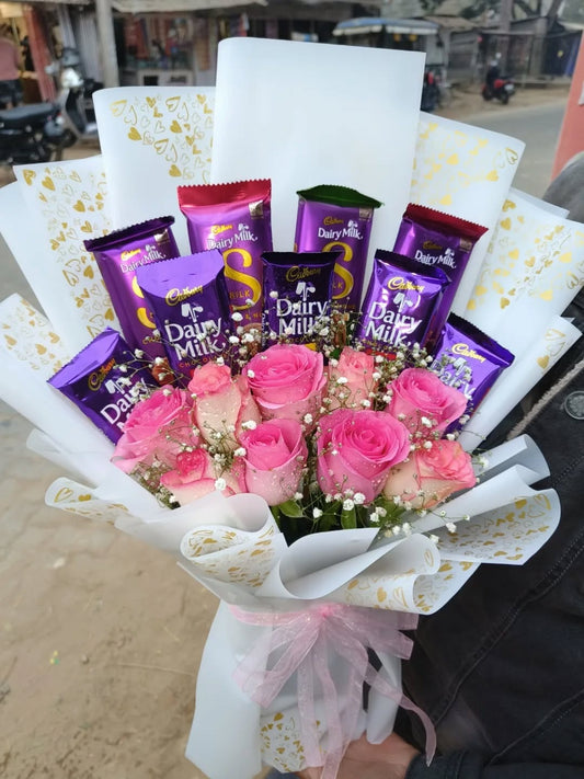 Pink roses with dairy milk bouquet