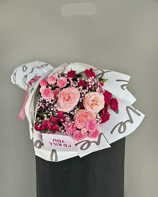 Pink and Magenta Rose Bouquet with Gypsophila in "Love" Wrap